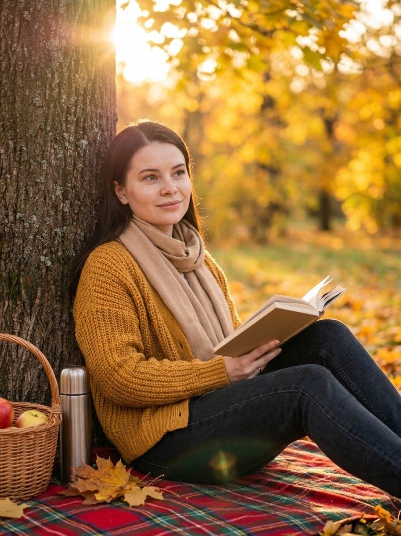 Осенний пикник с книгой: девушка в парке