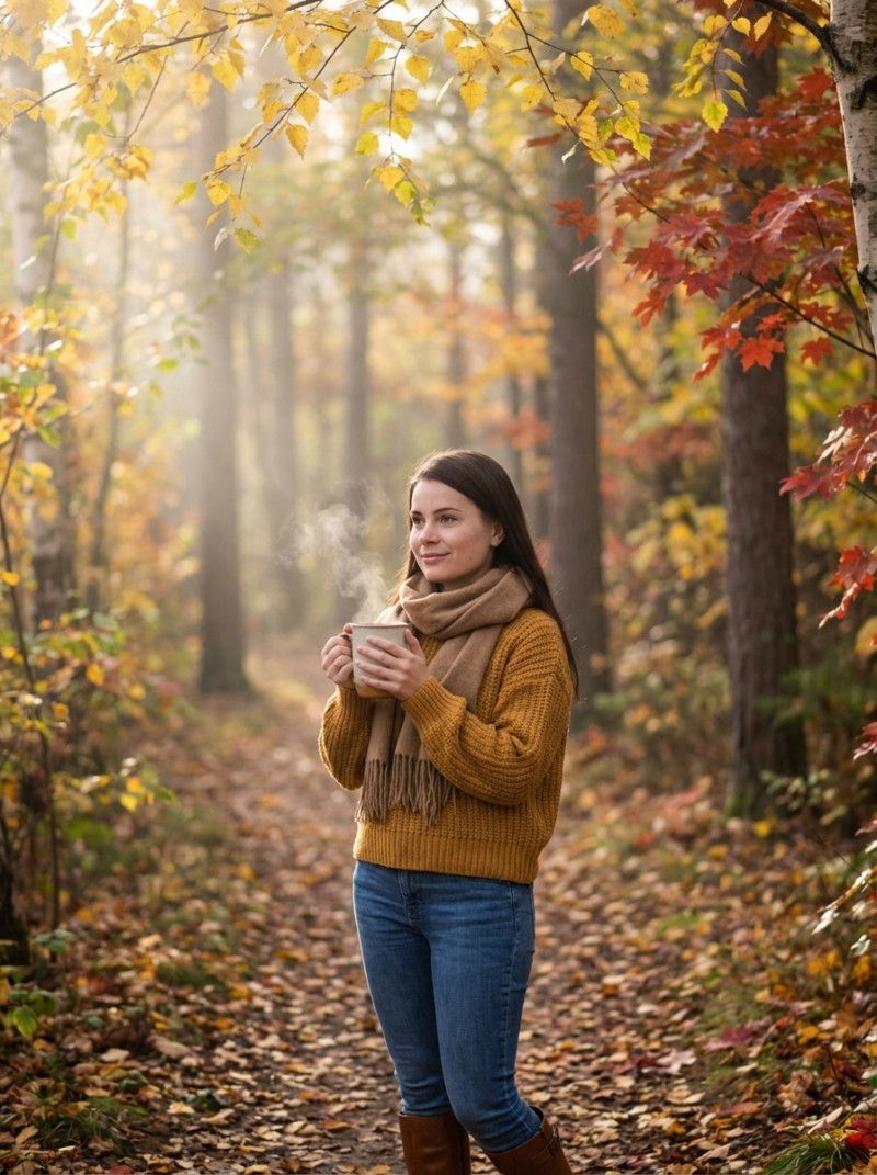 Девушка в вязаном свитере в осеннем лесу