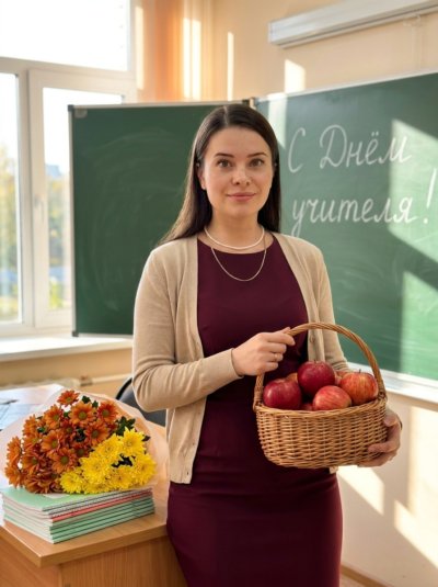 Учительница с яблоками у школьной доски