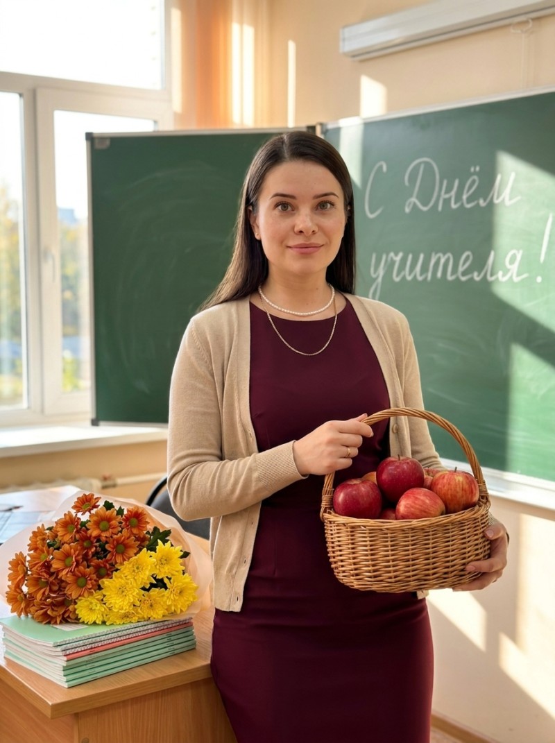 Учительница с яблоками у школьной доски