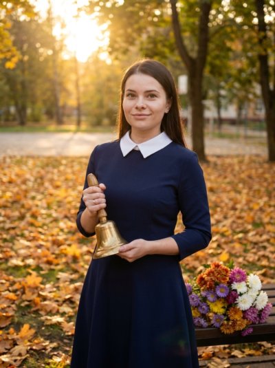 Учительница с колокольчиком в осеннем парке