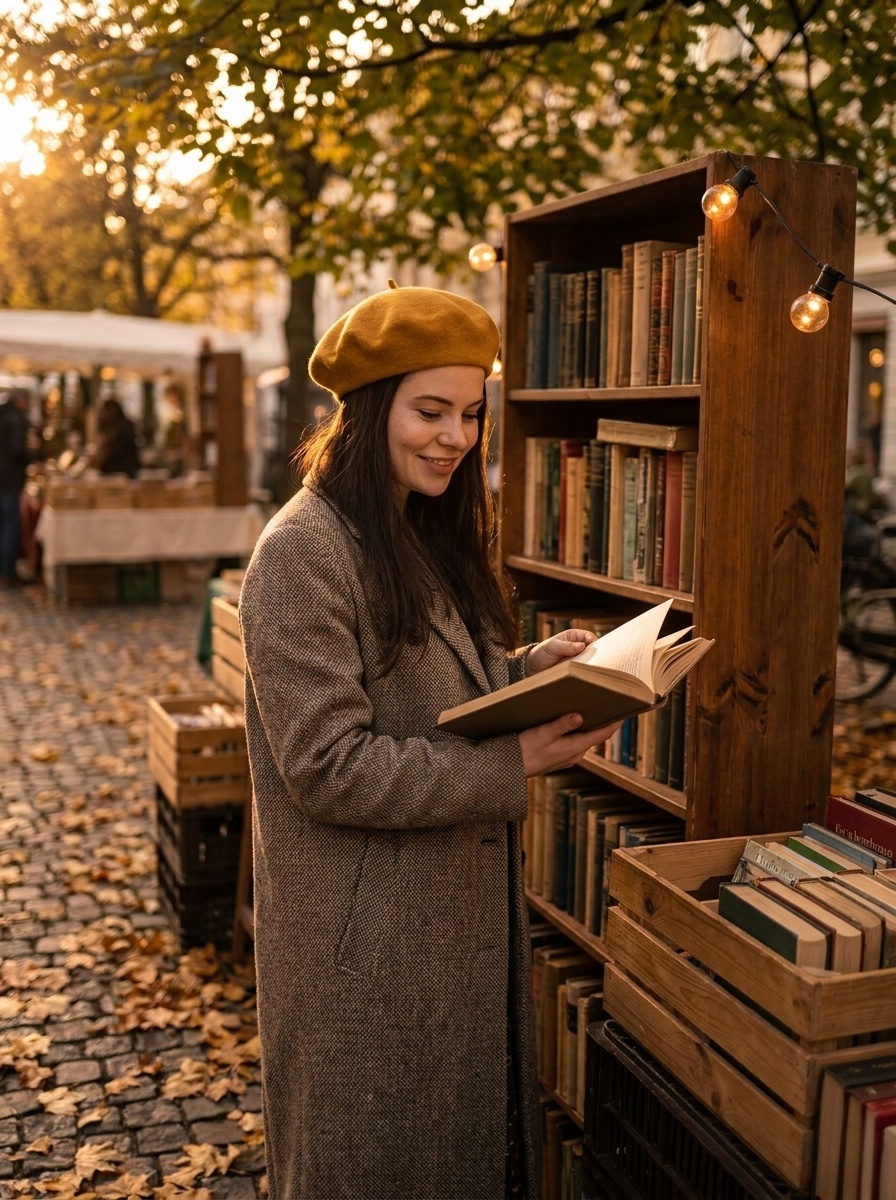 Девушка в берете на осеннем книжном развале
