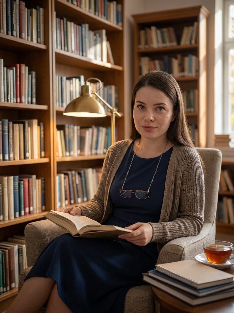 Учительница литературы с книгой в школьной библиотеке