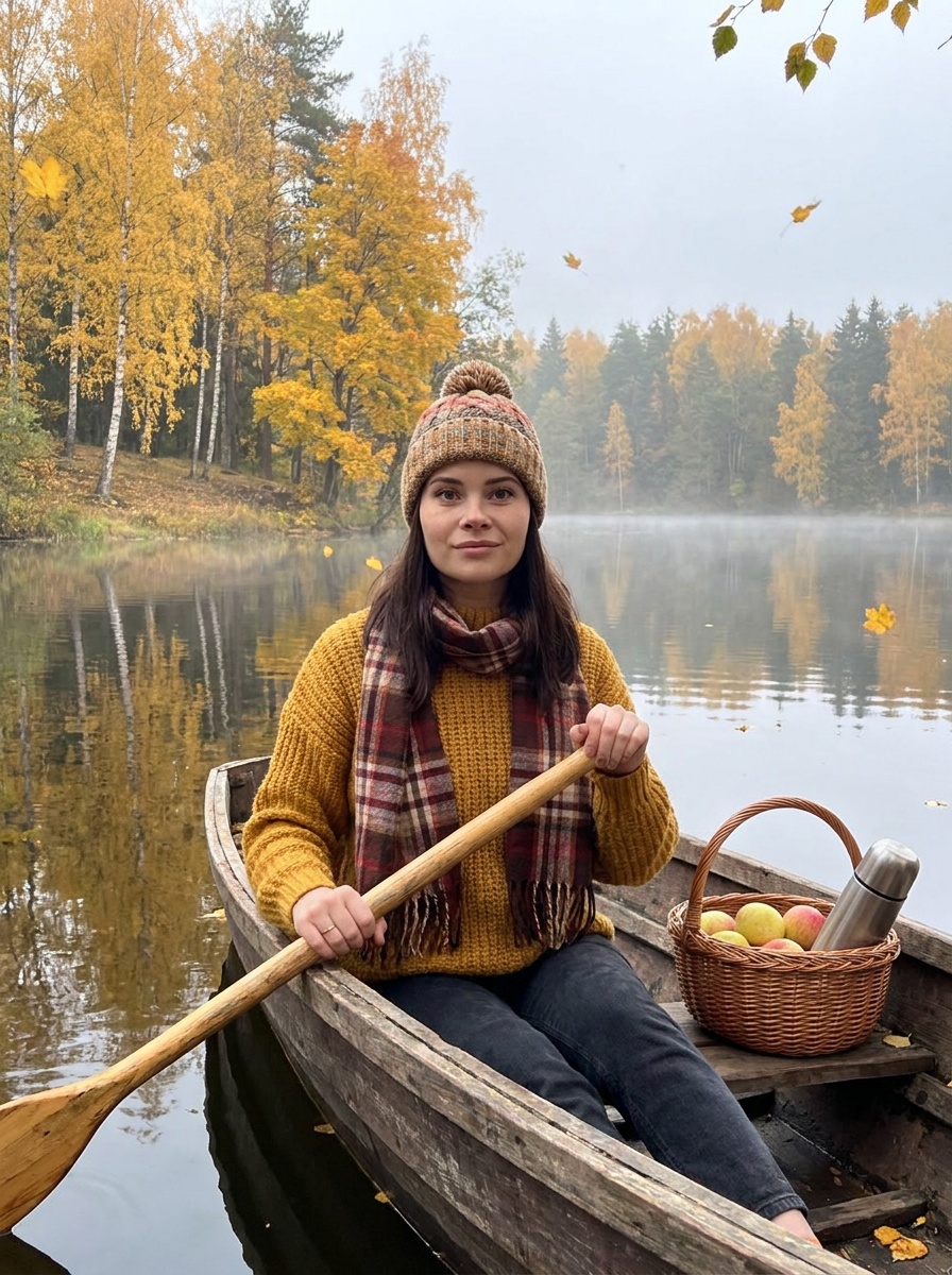 Осенняя фотосессия на лодке у лесного озера