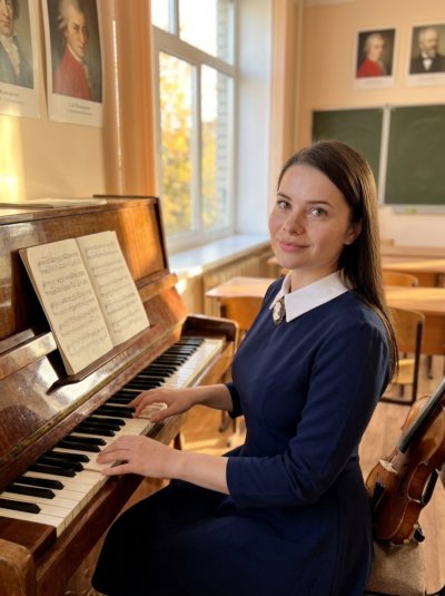 Учительница музыки за старым пианино в классе
