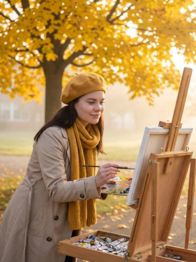 Учительница рисования на пленэре с мольбертом