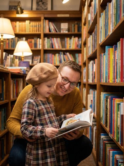 Отец и дочь в старом книжном: семейный портрет