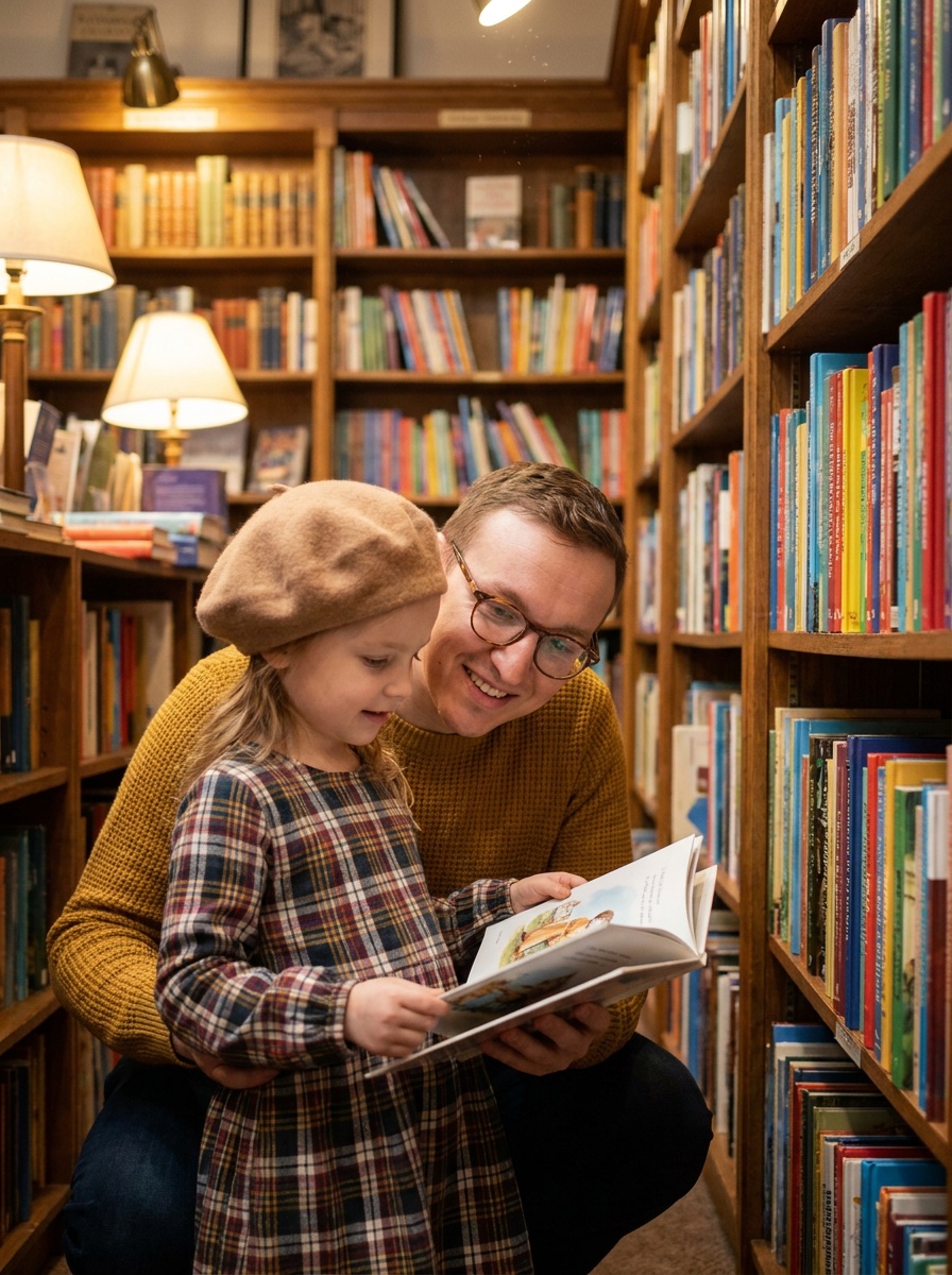 Отец и дочь в старом книжном: семейный портрет