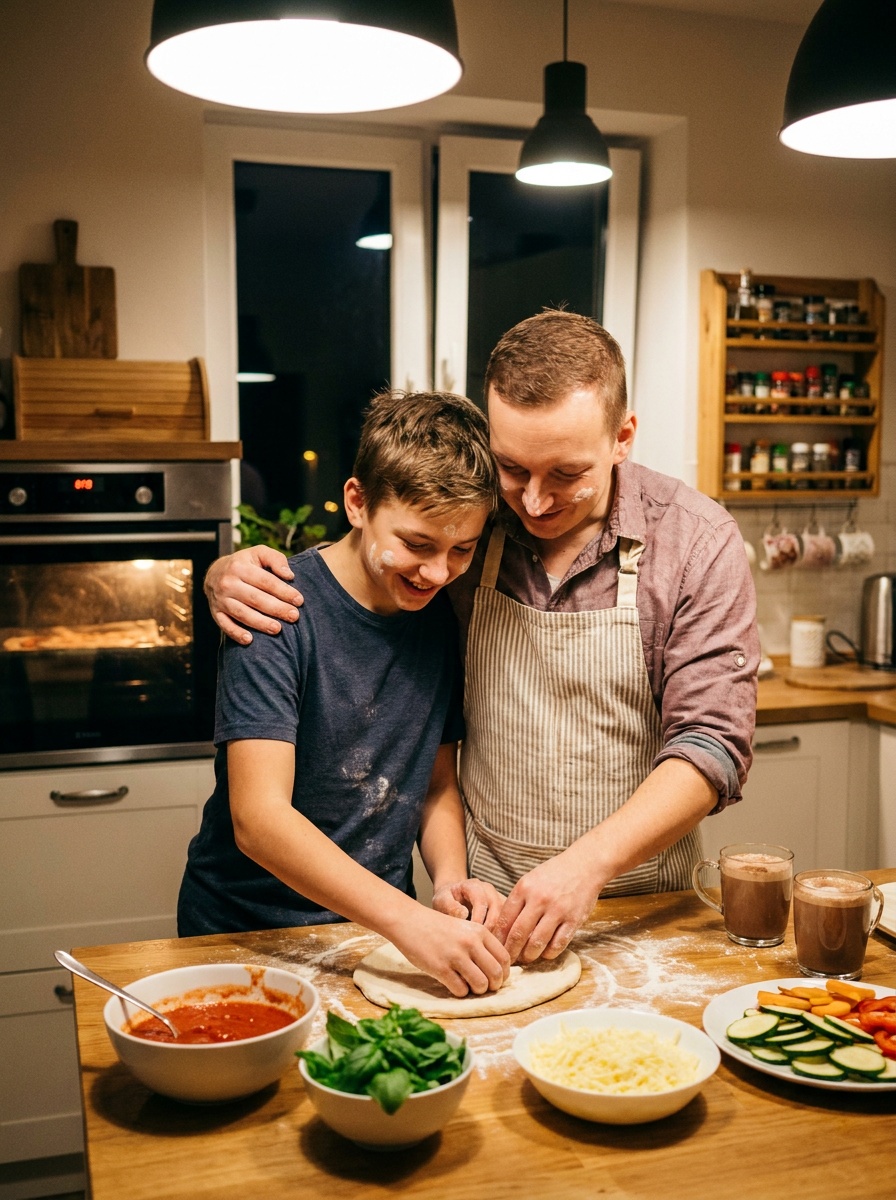 Папа и сын пекут пиццу в уютной домашней кухне
