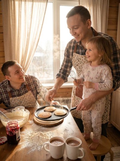 Папа и дочь пекут блины на деревенской кухне