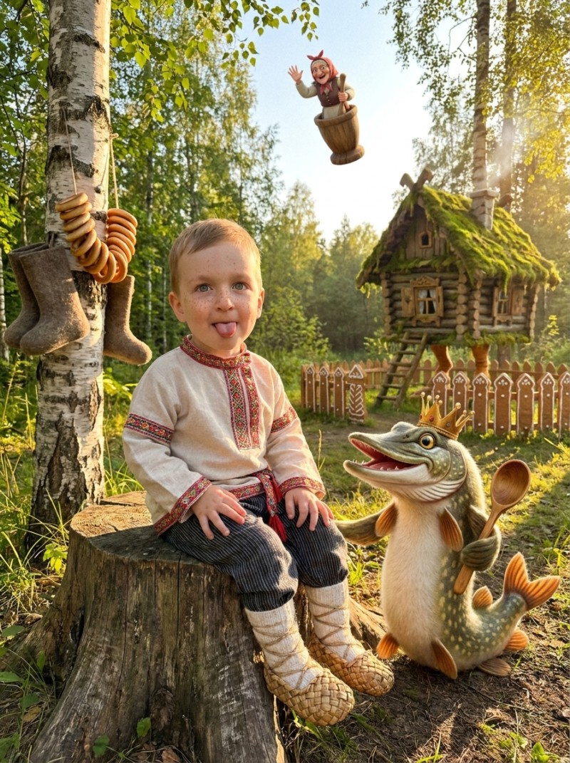 Мальчик и сказочная щука в лесу