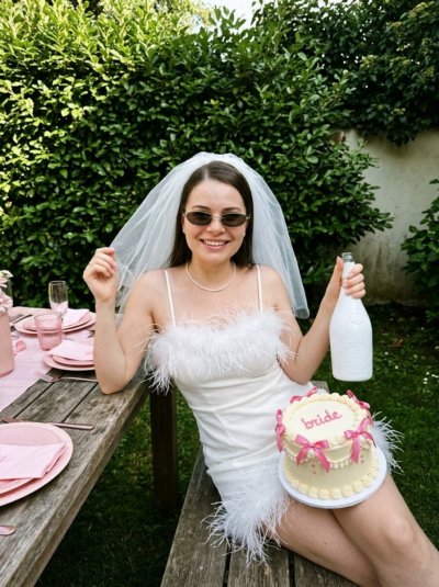 Невеста на девичнике с тортом и шампанским