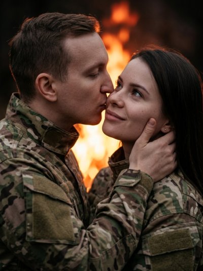 Пара в камуфляже у ночного костра