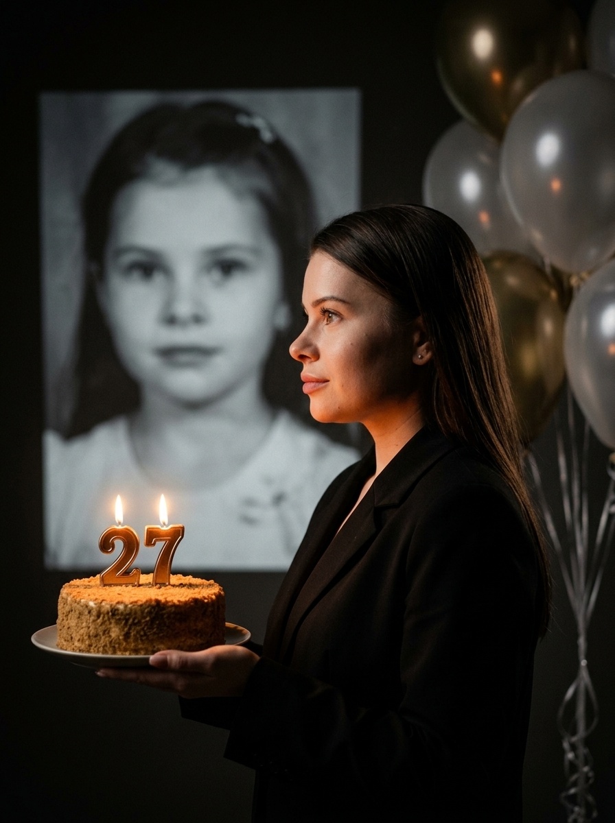 Девушка с тортом «27» в тёмной студии: кино-портрет