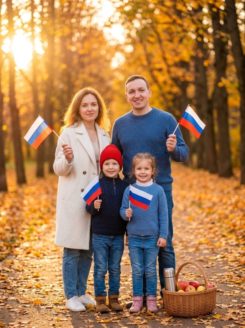 Ребёнок с флагами в осеннем парке на закате