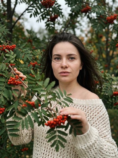 Осенний портрет среди рябины: живой момент