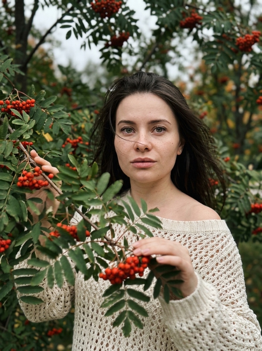 Осенний портрет среди рябины: живой момент