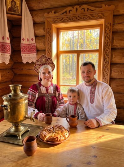 Семейный портрет у самовара в русской избе