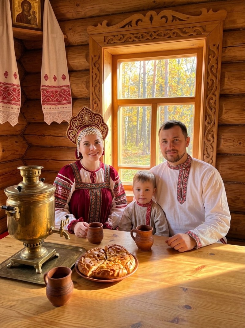 Семейный портрет у самовара в русской избе