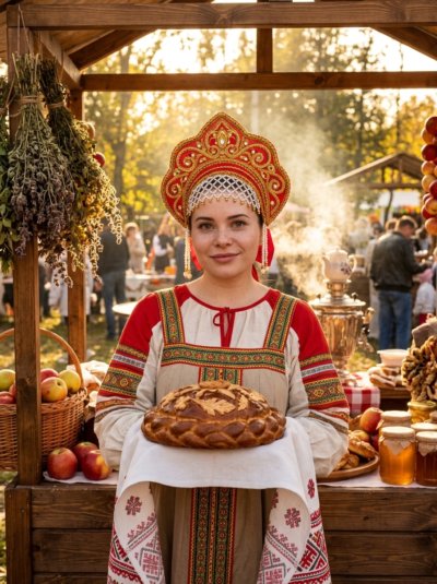 Девушка с караваем на осенней ярмарке