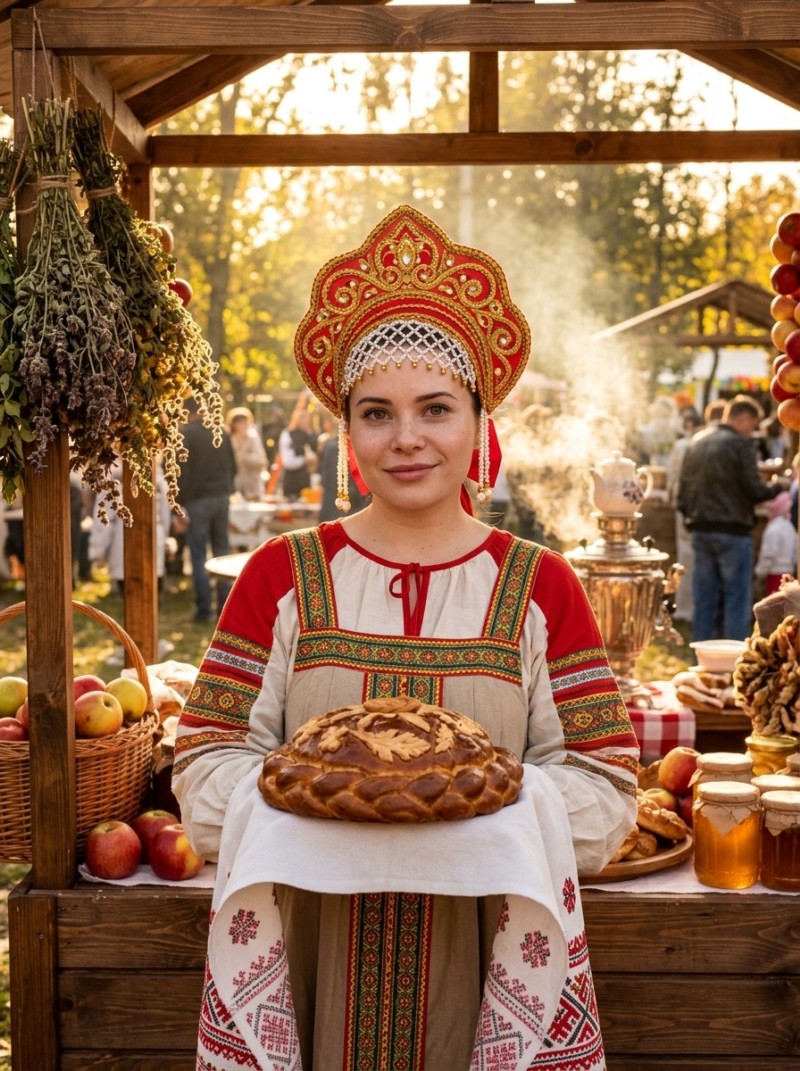 Девушка с караваем на осенней ярмарке