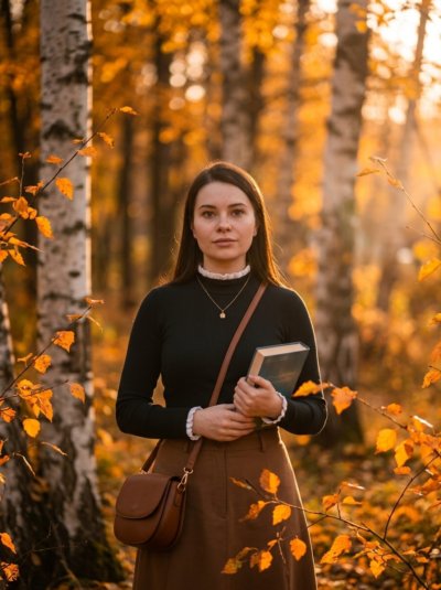 Осенний портрет с книгой в берёзовом парке