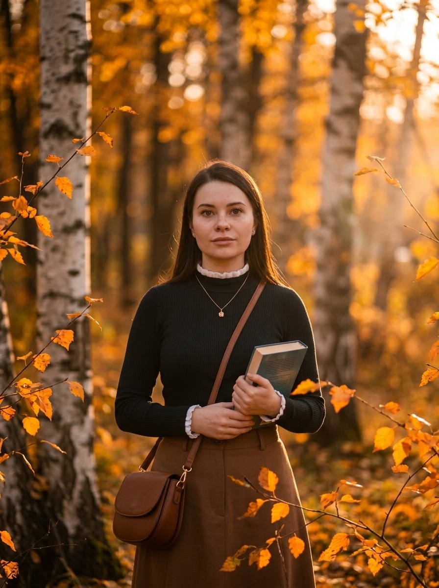 Осенний портрет с книгой в берёзовом парке