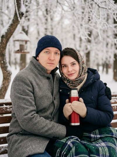 Пожилая пара на скамейке в зимнем парке