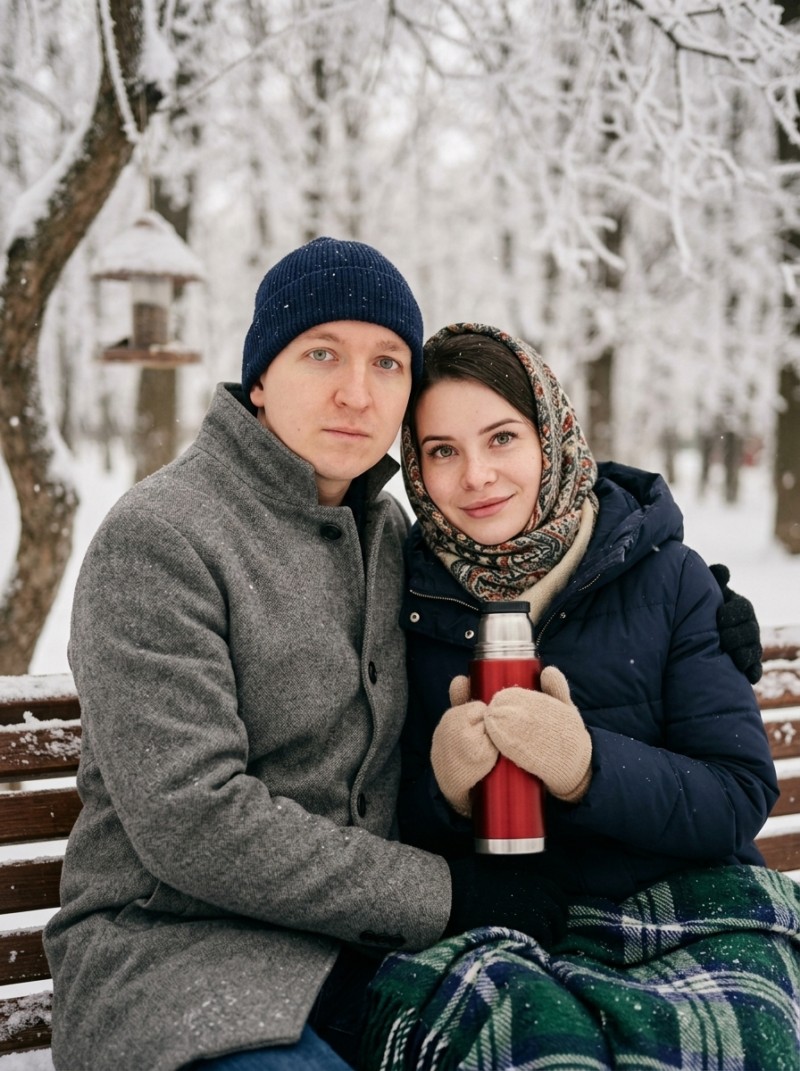 Пожилая пара на скамейке в зимнем парке