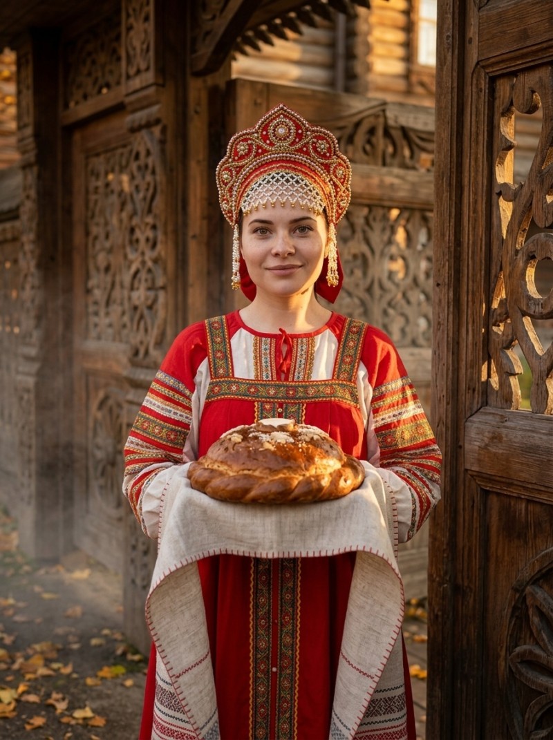 Девушка в кокошнике с хлебом-солью у резных ворот