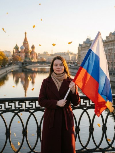 Девушка с флагом на старом мосту у реки