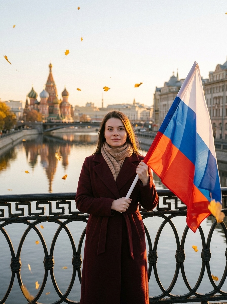 Девушка с флагом на старом мосту у реки