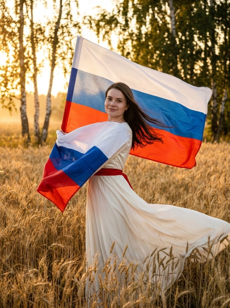 Девушка с флагом в осеннем поле: портрет