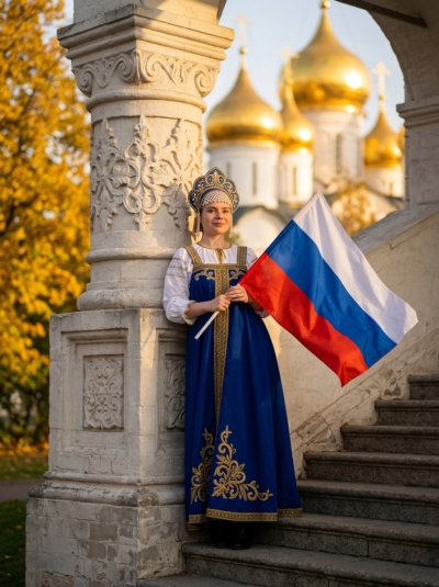 Девушка с флагом на фоне старинной звонницы