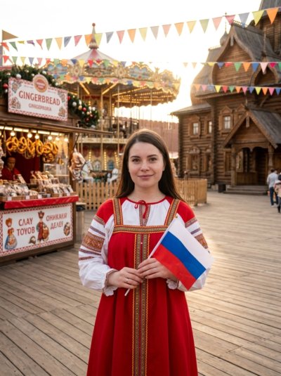 Девушка с флагом на осенней ярмарке
