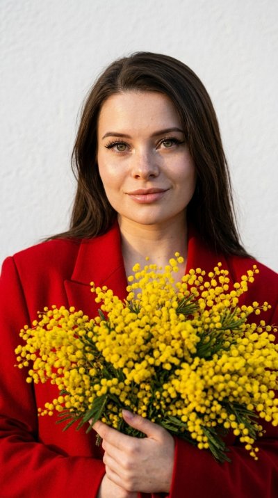 Олд мани портрет с мимозой в красном пиджаке