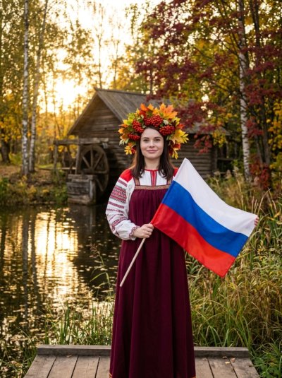 Девушка с флагом у старинной мельницы