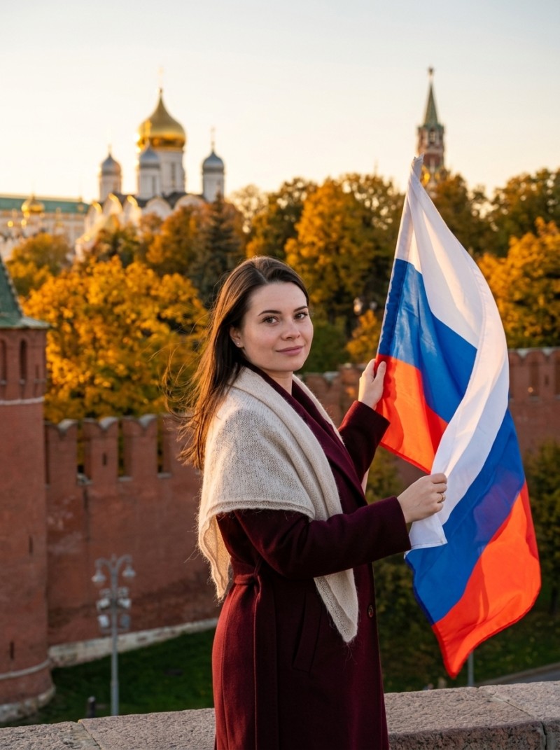 Девушка в бордовом пальто у кремлёвских куполов