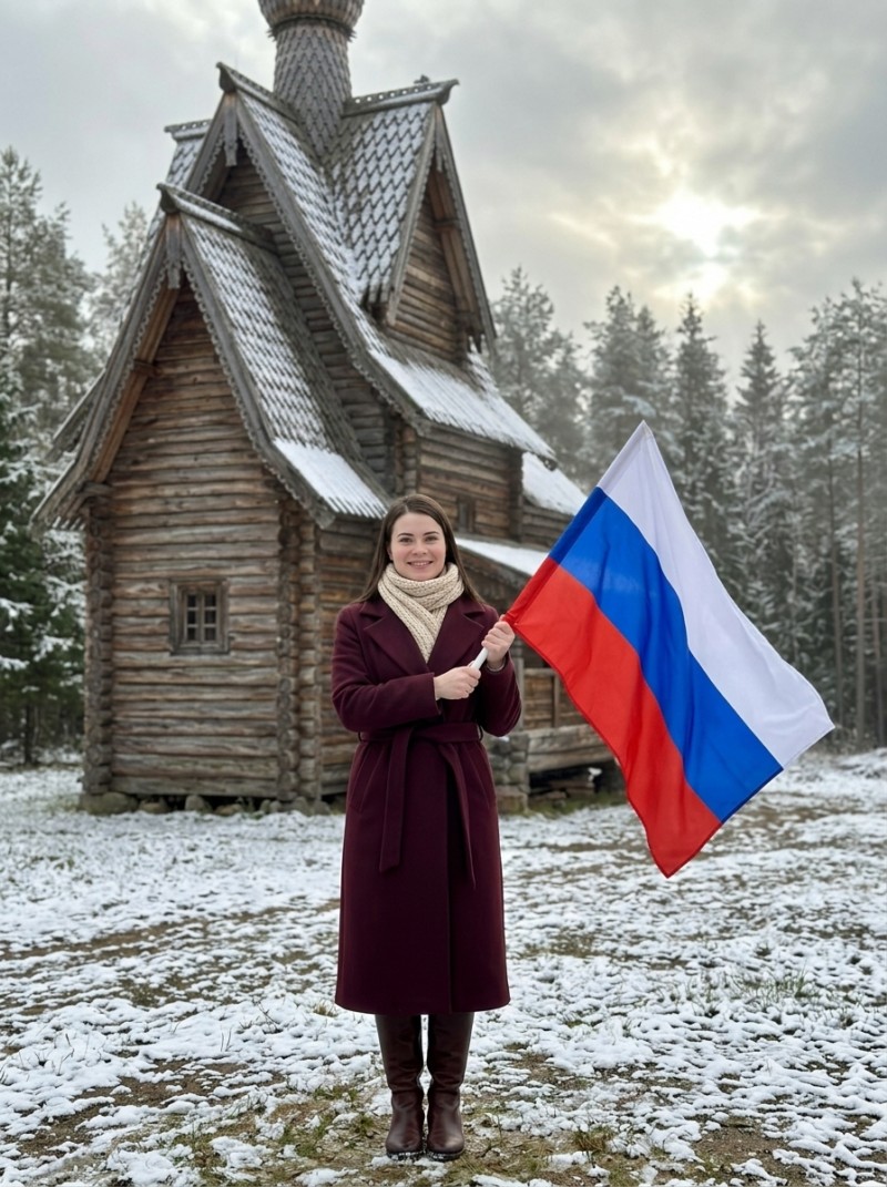 Девушка с флагом у старинной деревянной часовни