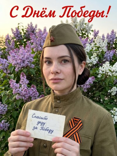 Девушка в военной форме с сиренью на 9 Мая
