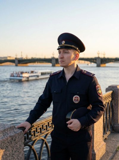 Полицейский на набережной в вечернем свете