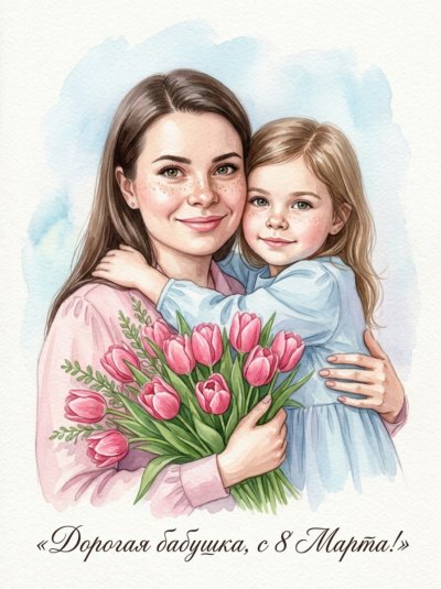 Акварельная открытка к 8 Марта: внучка обнимает бабушку
