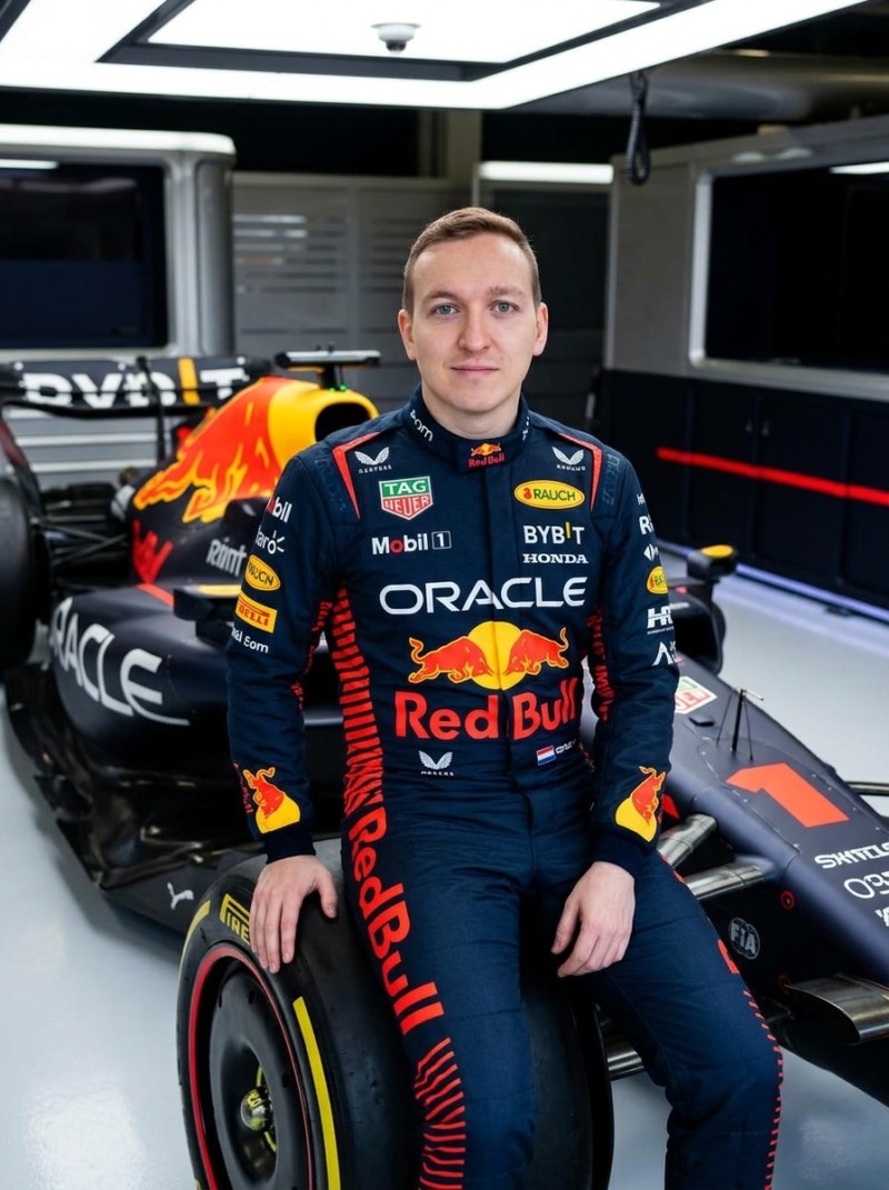 Гонщик Red Bull на болиде Формулы 1 — фотосессия