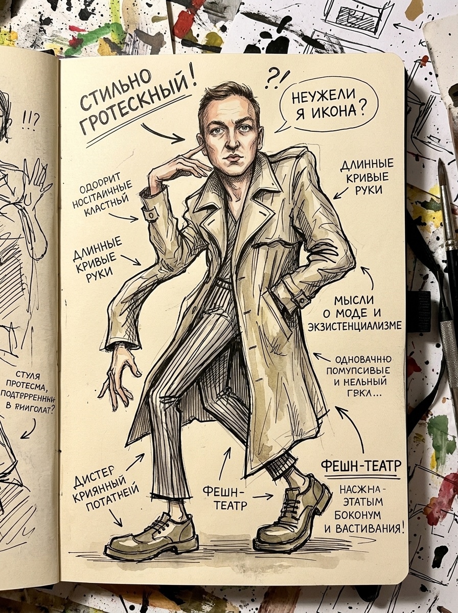 Гротескная фэшн-карикатура с рукописными заметками
