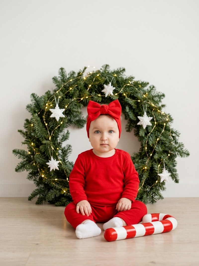 Новогодний минимализм: малыш в красном у венка