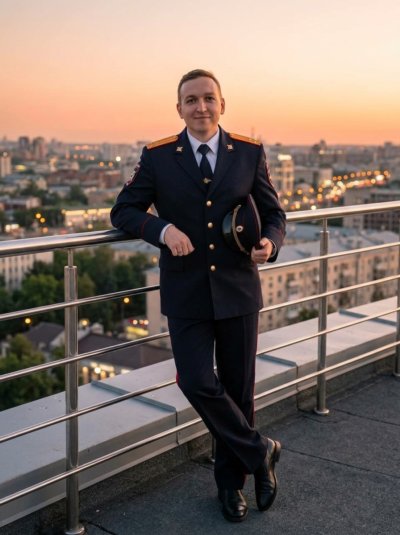 Полицейский в парадной форме на фоне вечернего города