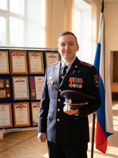 Полицейский у стенда с наградами и флагом