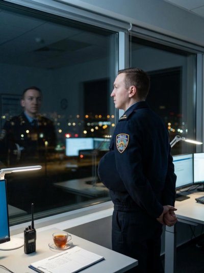 Полицейский у окна дежурной части ночью
