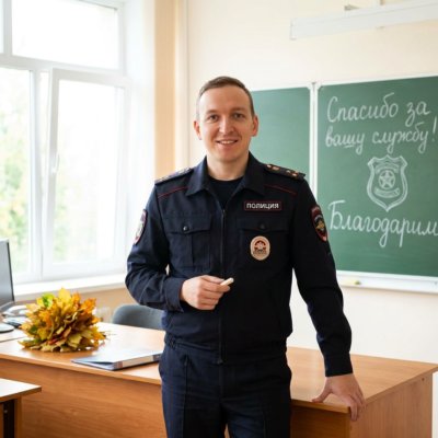 Полицейский у доски с мелом в классе