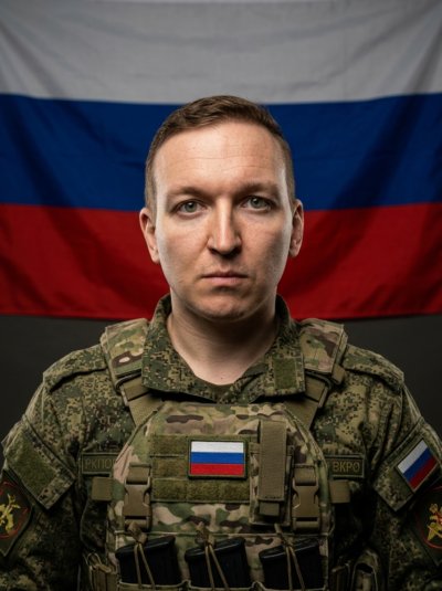Военный с флагом России в студийном портрете